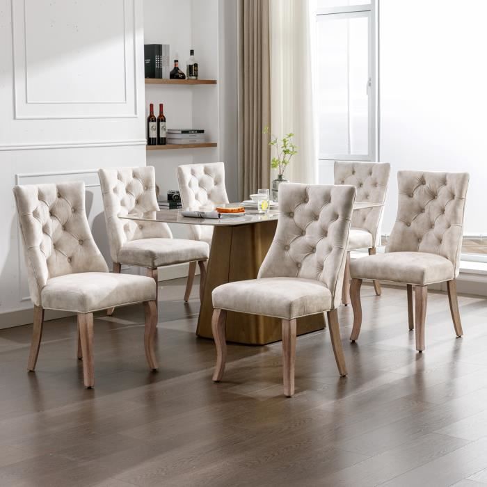 lot de 6 chaise en velours beige clair-fauteuil campagne-chaise de salle à manger en bois massif pour salon chambre