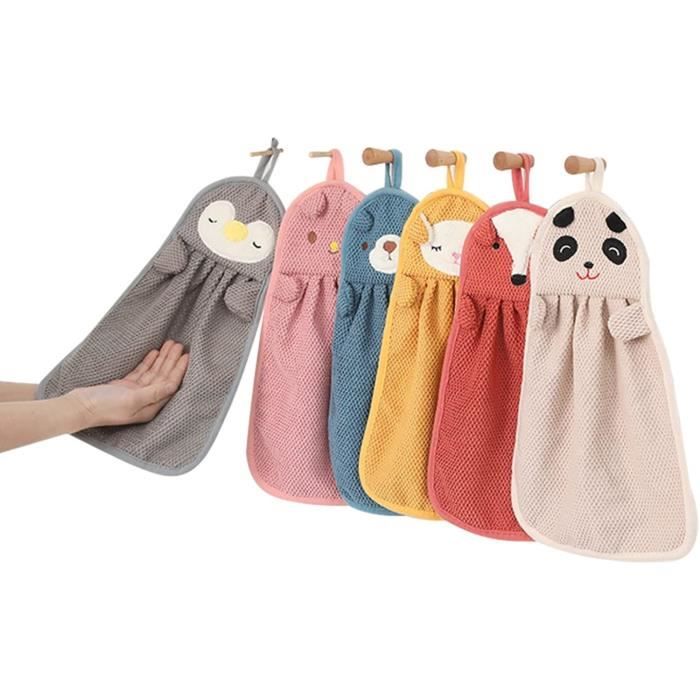 Lot De 6 Serviettes De Toilette Enfant Microfibre - Motifs Animaux, Anneau De Suspension, 23x36 Cm