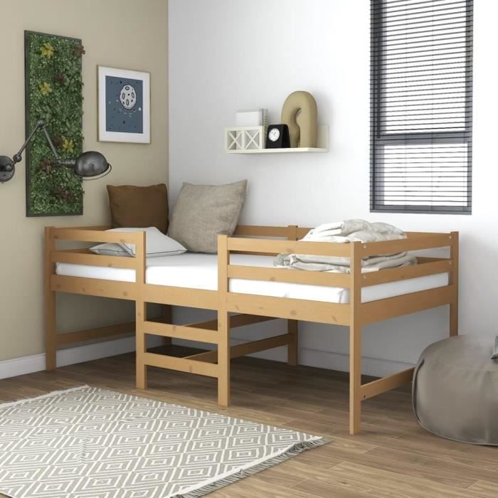 159|chez jill's* new lit simple moderne pour enfant ,lit mi-haut marron miel bois de pin massif 90x200 cm ,1 places ,moderne
