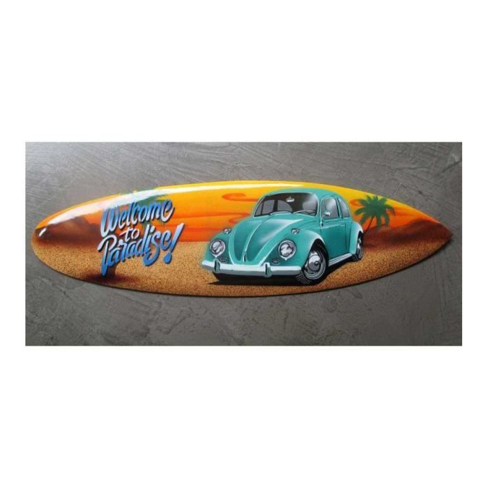Planche de surf Volkswagen Coccinelle bleue Welcome to Paradise 60x17cm en bois pour décoration murale