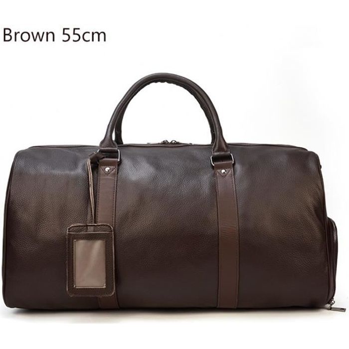 SAC DE VOYAGE Hommes sac de voyage en cuir veritable souple grand voyage polochon nuit grande capacite noir Type Brwon 55cm