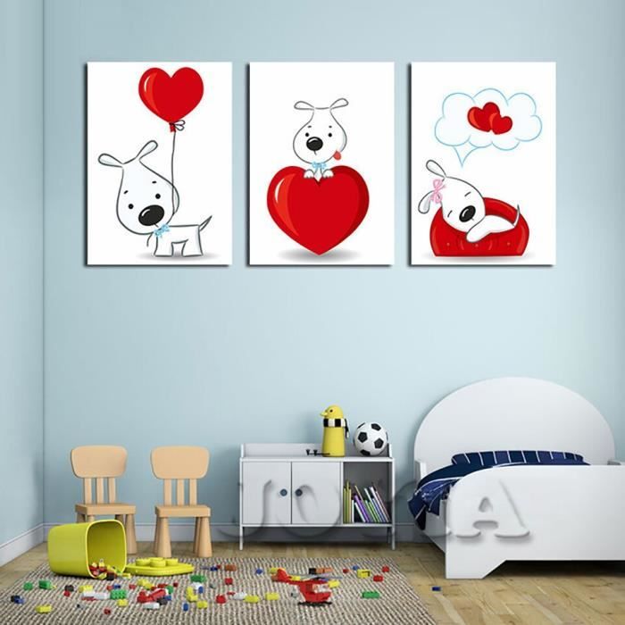 Lb28989 Mur Art Toile Peinture 3 Pieces Mignon Dessin Anime Chiens Amour Coeur Chiot Image Imprimer Decor A La Maison Affiche Salon Cdiscount Maison