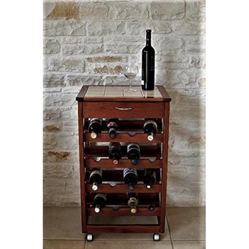 Chariot à cave à vin - PRESTIGE - Modèle 001044 - Bois massif - Plateau en carrelage - 4 étagères - Prestige