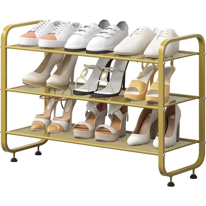 étagère à chaussures à 3 niveaux - meuble à chaussures métallique - armoire a chaussures de maille - jaune