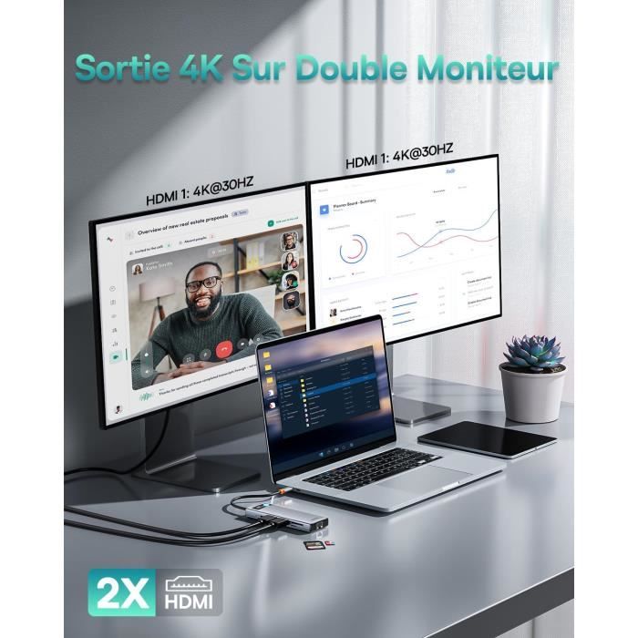 Hub USB-C Vers 2 HDMI - Adaptateur Double écran 4K 60Hz Avec Charge PD 100W, Pour PC Portable, TV, Projecteur