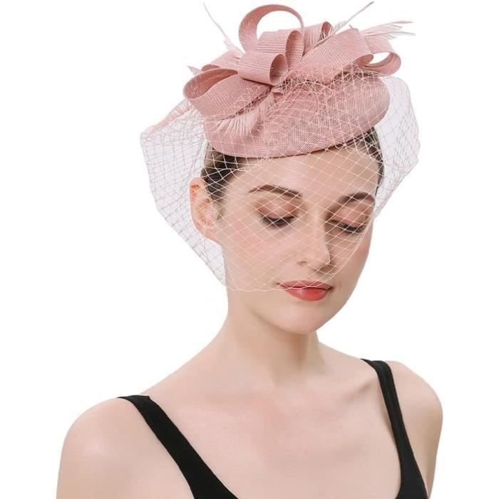 Fascinator Donna Rosa Con Piume E Rete - Accessorio Capelli Elegante Per Matrimoni E Eventi
