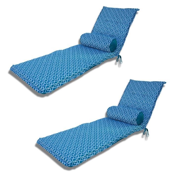 Lot De 2 Coussins Chaise Longue + 2 Traversins - 195x60cm - Imperméable Et AntiUV - Motif Rayures