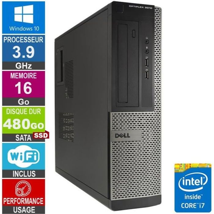 PC Dell Optiplex 3010 DT i7 3770 3.90GHz 480Go SSD Wifi W10