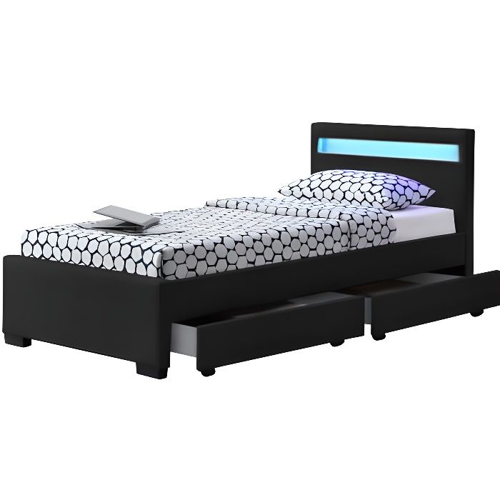 drawer night lit pu noir mat a led tiroirs 90x190 cm cdiscount maison