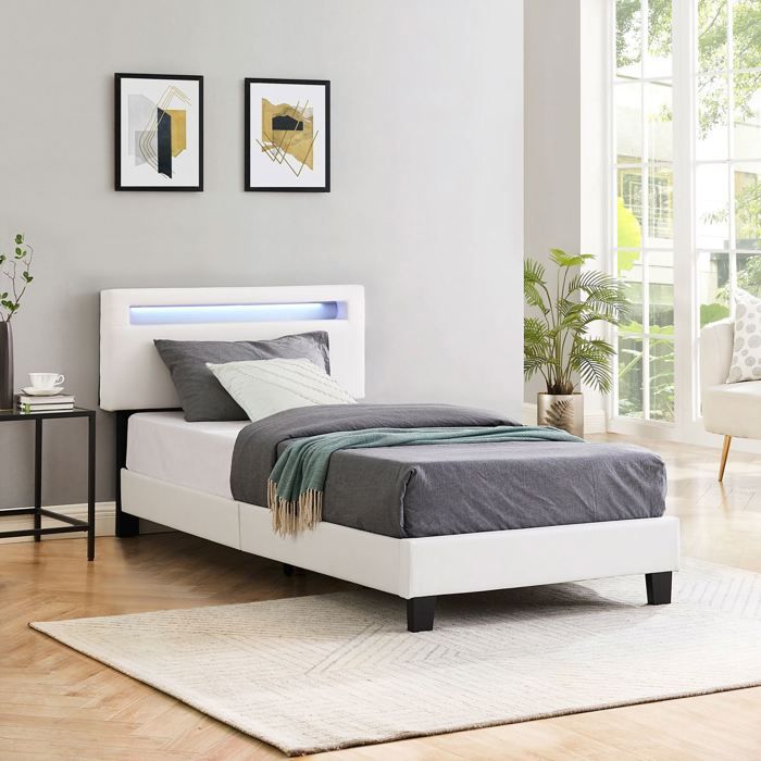 Lit LED simple EVAN 90x190 cm, avec sommier, rev&ecirc;tement en synth&eacute;tique blanc