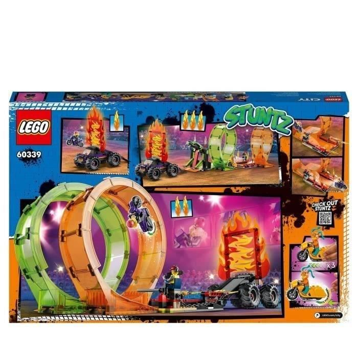 lego 60339 city stuntz l’arène de cascade avec double looping, monster truck jouet, avec moto, figurine cascadeur, enfants dès 7 ans