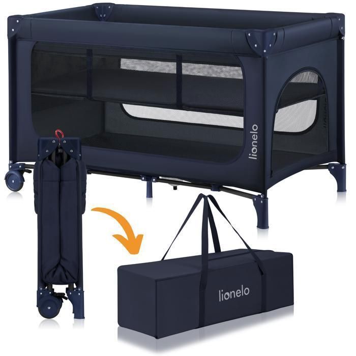 Lit parapluie 2en1 LIONELO Jasmin - Parc bébé - Matelas en mousse T25 - Pliage Rapide - 2x Roulettes - Jusquà 15 kg - Bleu