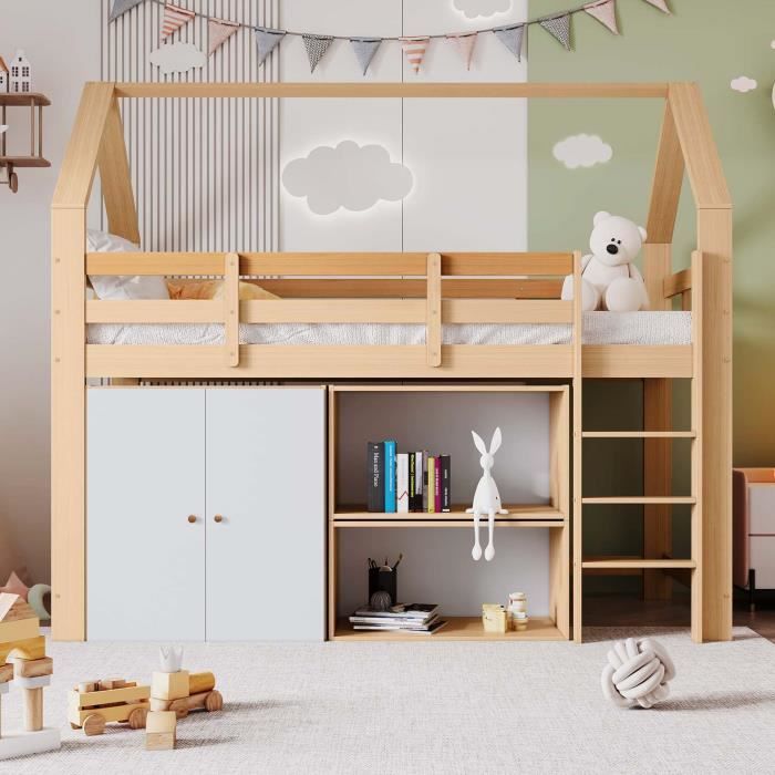 lit combiné 90x200cm, lit cabane enfant avec échelle, armoire et compartiments, cadre en pin, sommier à lattes, blanc + naturel