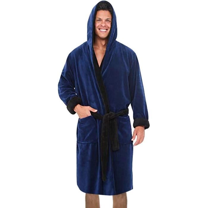 ROBE DE CHAMBRE Peignoir long a capuche pour homme En coton eponge Grande taille Pique gaufre Peignoir de bain Bleu Bleu Cdiscount Pret a Porter