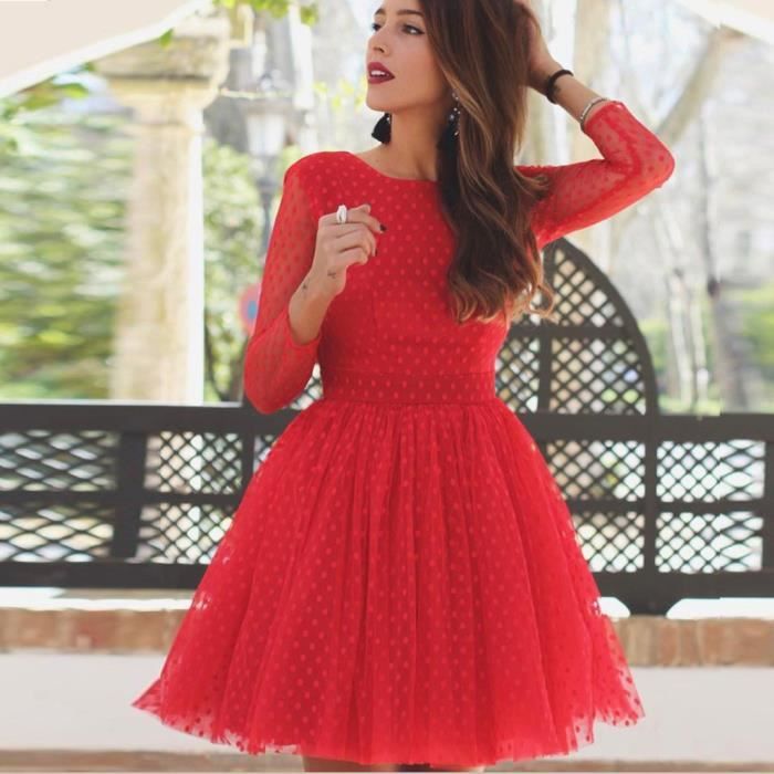Robe Courte Femmes De Couleur Solide Col Rond Manches Longues Diner Soiree Ouverte Robe Retour Rouge Rouge Achat Vente Robe Cdiscount
