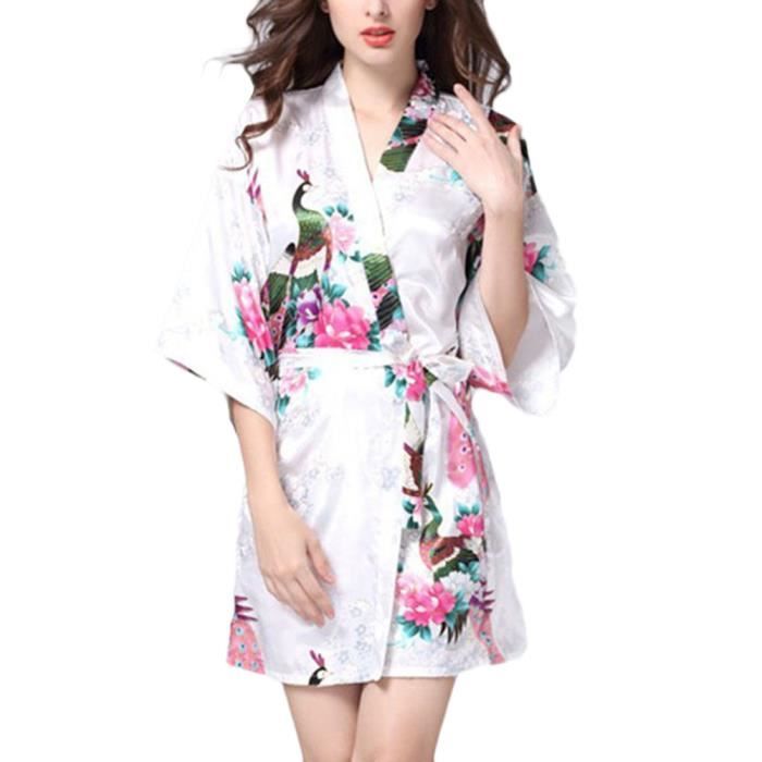 Femme Satin Robe de Chambre Courte À Manches 34 Vêtements de Nuit Col