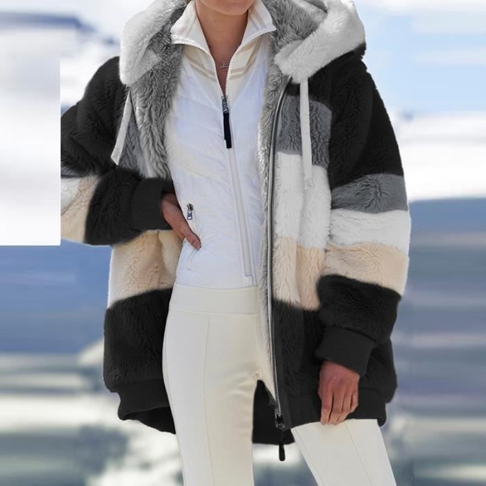 Manteau 2021 nouvelle mode hiver femmes manteau en vrac en peluche chaud a capuche veste decontracte multicolore Type Black Blanc Cdiscount Pret a Porter