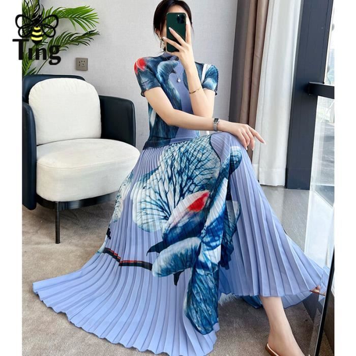 Jupe ensemble 2 pieces pour femmes pull over plisse haut et jupe Midi extensible decontracte tenue de rue ete Blue flower