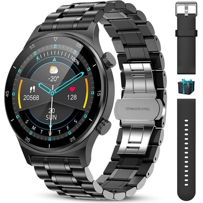 Montre connectée étanche avec écran tactile et moniteur de fréquence  cardiaque - Noir