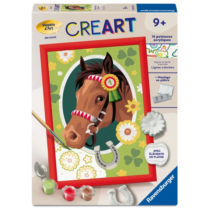 Ravensburger – CreArt Kids 18x24cm – Numéro dArt – Cheval de course – Edition plâtre–Kit de peinture par numéros–Dès –12023233