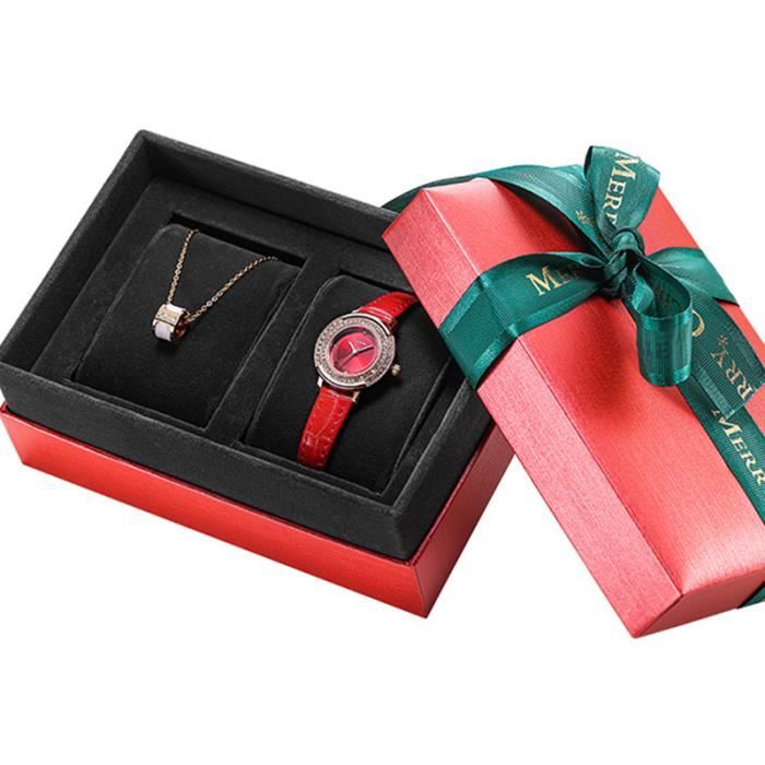 Coffret montre femme collier – diamant rouge bracelet en cuir