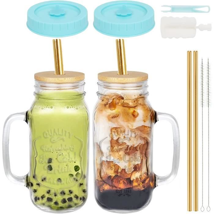 Lot De 2 Bocaux Mason 700ml Avec Poignée - Verres à Bière, Smoothie, Café Glacé - Inclus Paille Inox & Couvercle Bambou
