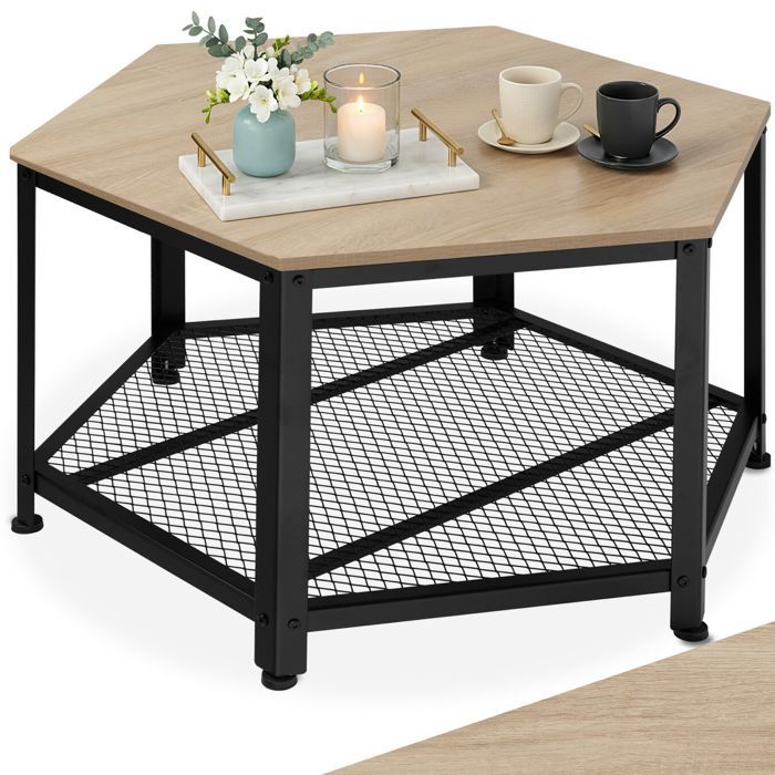 Table basse - TECTAKE - Table de salon NORWICH hexagonale style industriel en bois MDF et acier 865 x 75 x 465 cm - Bois clair