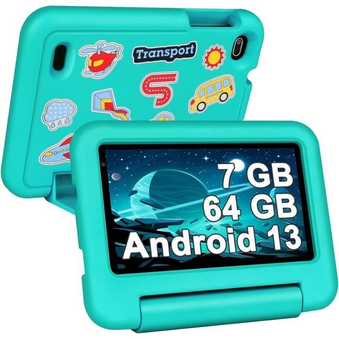 DEERTiME Tablette Enfants 7 Pouces Android AI Tablette avec 10GB RAM+64GB ROM(TF 1TB), Octa-Core|5G+2.4G WiFi 6 | Contrôle Parental | Dual Cameras | Bluetooth 5.0 | iWAWA Tablettes avec EVA Cas-Bleu