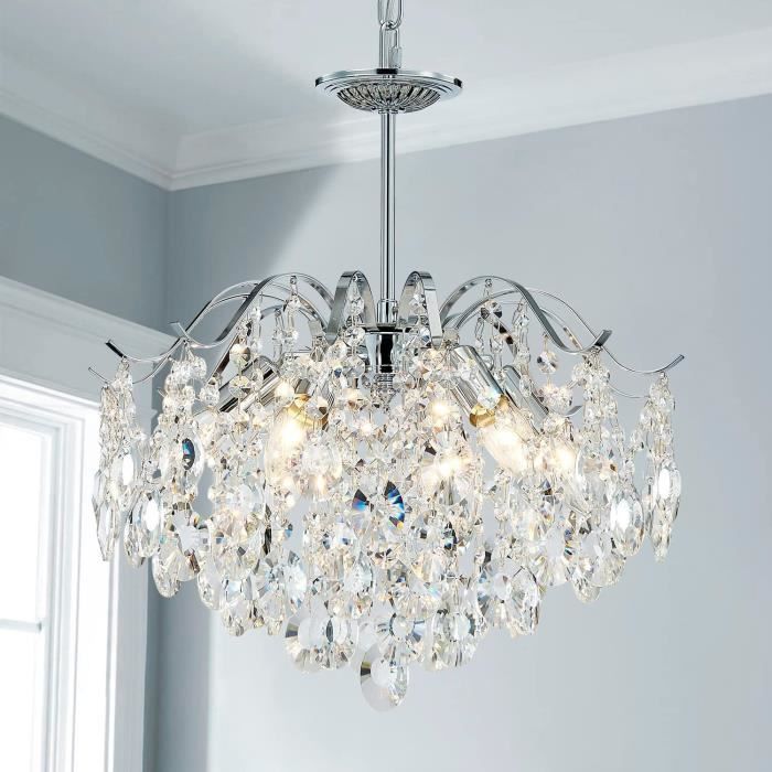 Lustre Cristal Saint Mossi K9 - 6 Lumières E14 - Finition Or Brillant - Design Goutte De Pluie