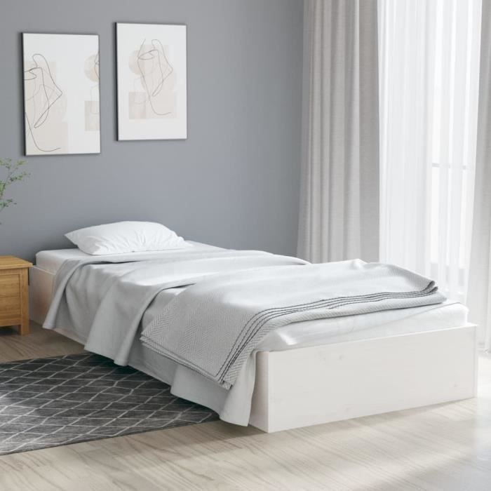 TRU Cadre de Lit pour 90 x 190 cm Lit Simple en Bois de pin massif avec Sommier sans Tête de lit 193 x 92.5 x 23 cm Blanc TR339