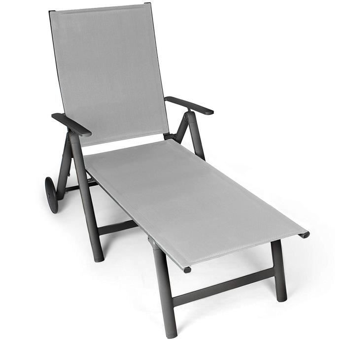 Chaise longue de jardin pliable Vanage en aluminium - Gris clair - Surface textile - Roulettes de transport