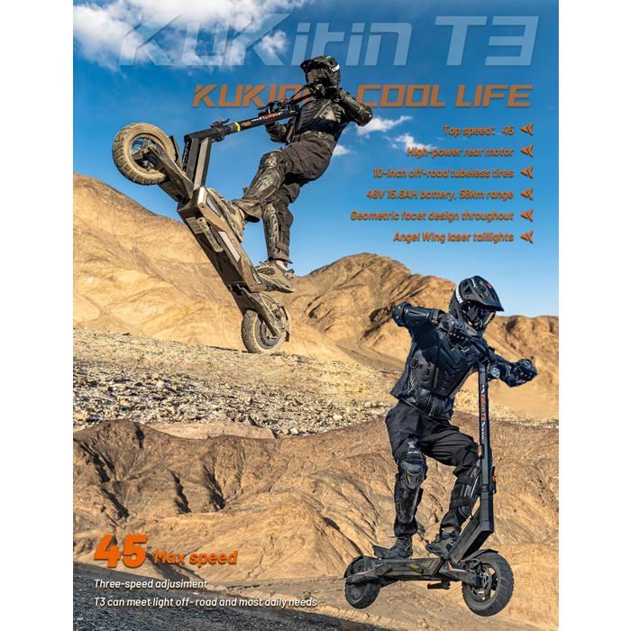 Trottinette électrique KuKirin T3, Moteur 800W, Batterie 48V 15.6Ah, Pneus 10'', Feux De Direction, Vitesse 45 Km/h, Autonomie 55 - Sport