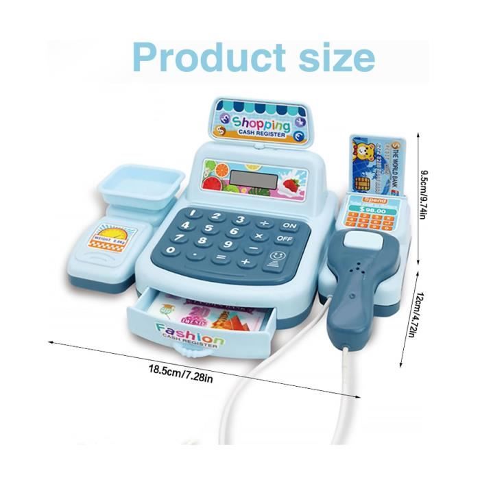 Ensemble de Jouets de Caisse pour Enfants de 3 Ans et Plus avec Scanner Calculatrice Microphone Jouer Carte de Crédit Moneny 7 Pcs Articles de Numérisation Panier d'Épicerie Action & Sons Éducatif