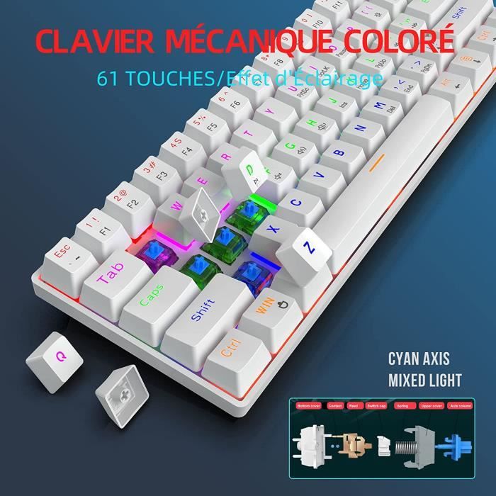Clavier 60% Mécanique Blanc Filaire QWERTY, Clavier Gaming Mini avec 61  Touches Blue Switches pour Windows XP, Win 7, Win 8, [44] - Cdiscount  Informatique