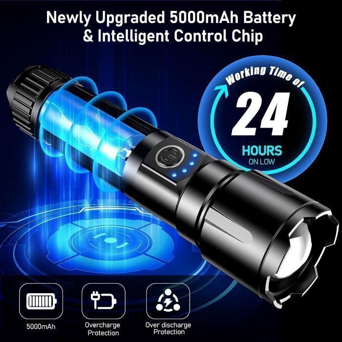 Torche Lampe de Poche, LED USB Rechargeable Ultra Puissante Lampe Torche, 4 Modes IP44 Étanche Militaire Zoomable pour Camping Randonnée | Leroy Merlin