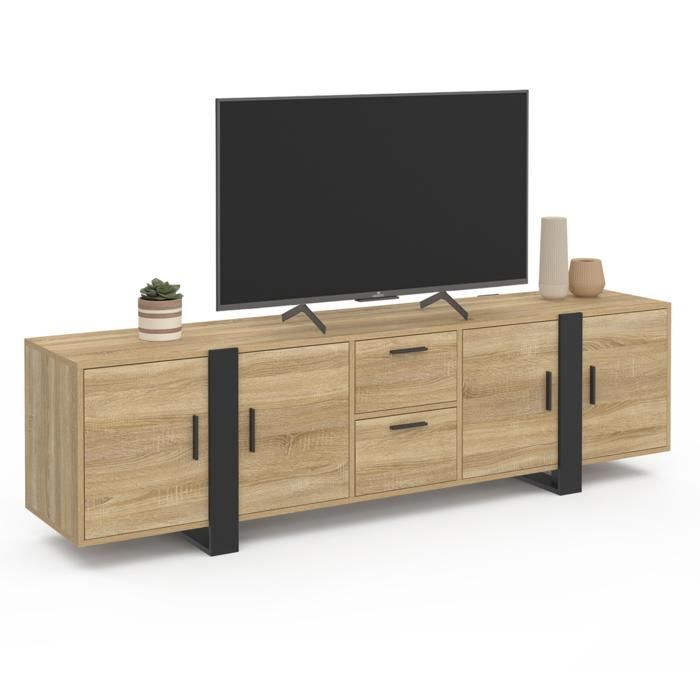 Meuble TV 200 Cm Phoenix - Bois Et Noir, 2 Portes, 2 Tiroirs, 2 Niches, Style Industriel