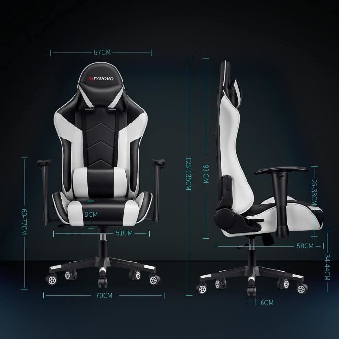 Chaise bureau gaming ergonomique en cuir, siège gamer réglable, ossier  inclinable à 180 °, capacité Max.135 kg, Blanc et Noir - Cdiscount Maison