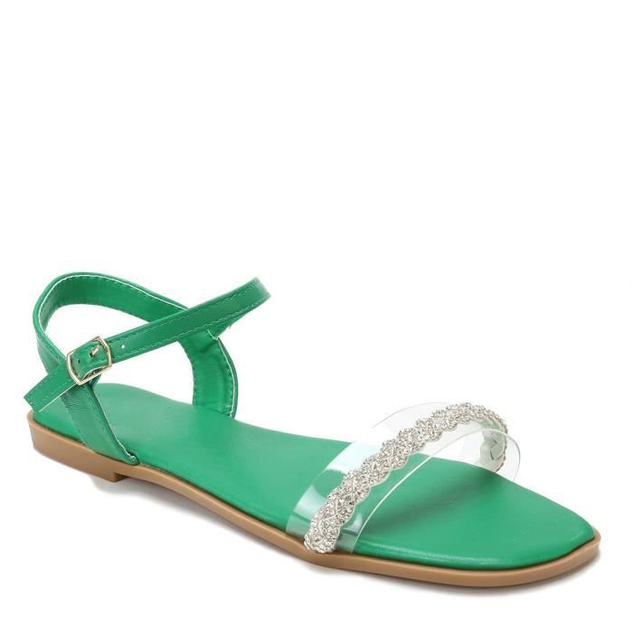 Sandales plates vertes LA MODEUSE bride transparente et strass