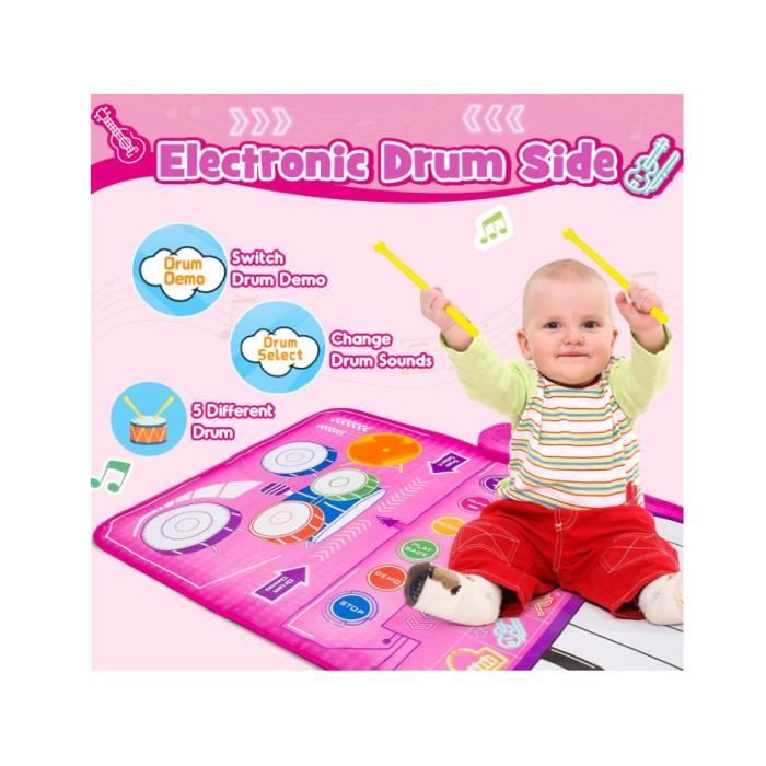 HappyGoLucky Tapis Musical Piano 3-en-1 – Batterie, Piano, Instruments – Cadeau éducatif Fille Garçon 1-3 Ans