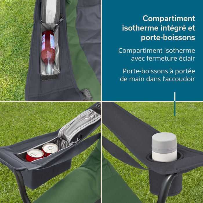 Chaise De Camping Pliante LET'S CAMP – XL 160 Kg – Porte-gobelets, Poche Latérale, Sac De Rangement Arrière – Tissu Oxford 600D – Cadre Acier – 93x60x110 Cm