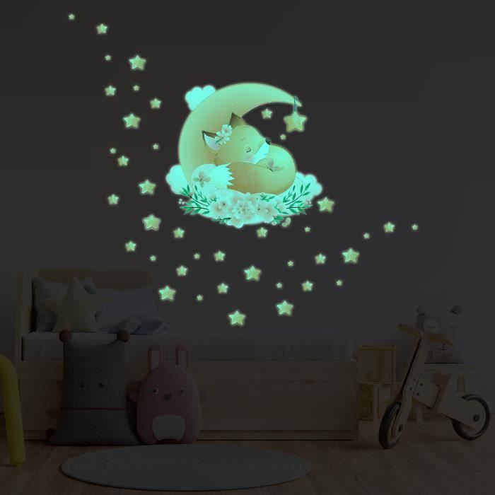 Sticker phosphorescent lumineux - RENARD DANS LES ÉTOILES + 40 ÉTOILES -  Autocollant mural plafond enfant fluorescent - 50x55cm