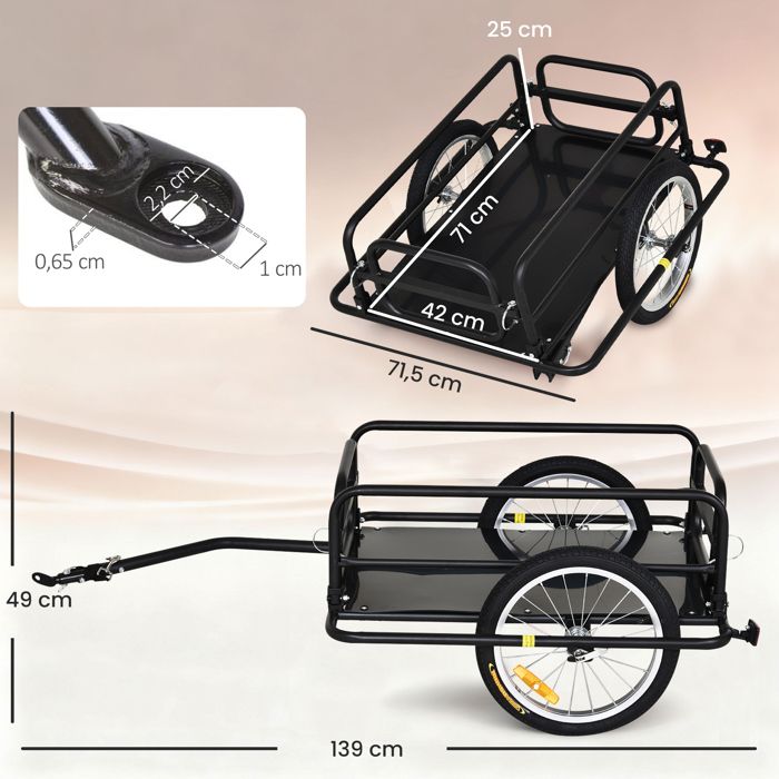 Homcom – Remorque chariot à vélo pliable 65L – Charge max. 40 kg – Structure tubulaire en acier – Barre d'attelage universelle – Dimensions 145L x 61l x 76/81H cm Homcom – Remorque chariot à vélo pliable 65L – Charge max. 40 kg – Structure tubulaire en acier – Barre d'attelage universelle – Dimensions 145L x 61l x 76/81H cm