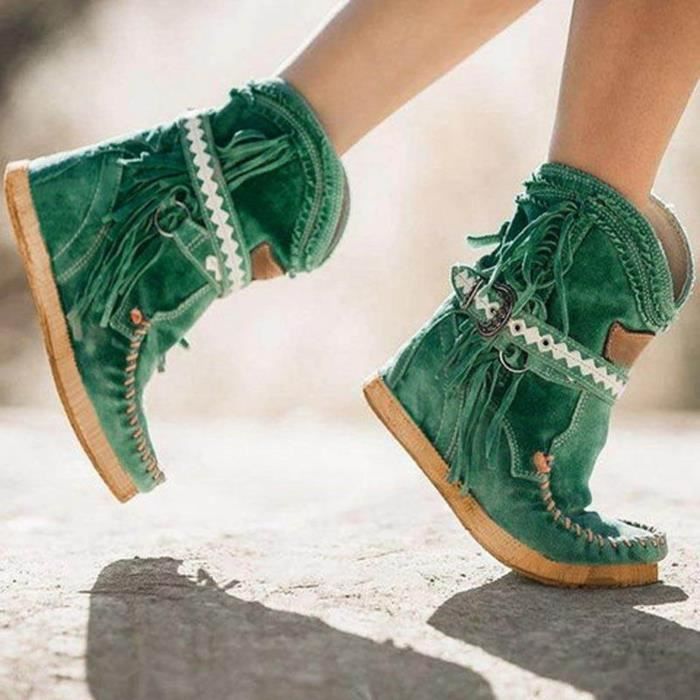 Bottes Bout Rond Talon Plat Plate Forme En Daim Boucle De Ceinture