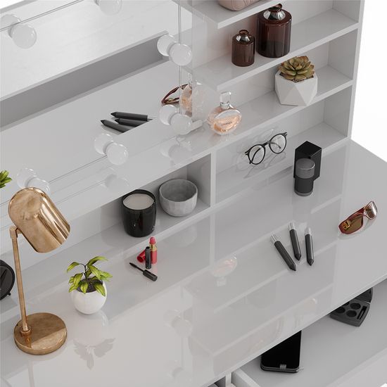 Coiffeuse Sherry Vicco 90 Cm - Blanc Brillant Avec Miroir LED Et Tabouret - 4 Tiroirs Spacieux - Idéale Maquillage & Rangement
