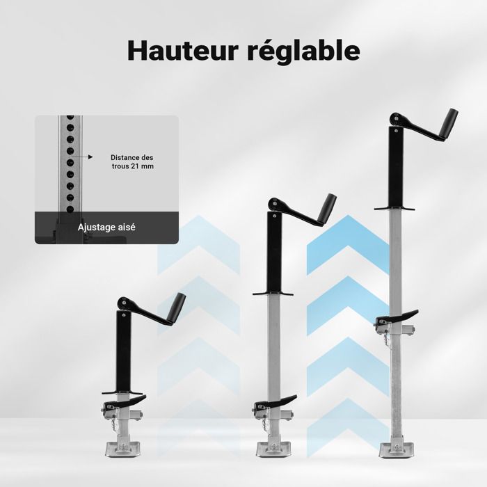 Lot De 2 Béquilles à Manivelle SUDEG Pour Caravane - 800 Kg Par Béquille, Acier Galvanisé Universel, Hauteur Réglable 105 à 520 Mm