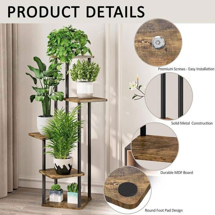 Support Plantes 5 Niveaux Rond Métal & Bois - Étagère à Fleurs Intérieur 5 Étages - Porte-Pots Décoratif Salon Balcon - Charge Robuste