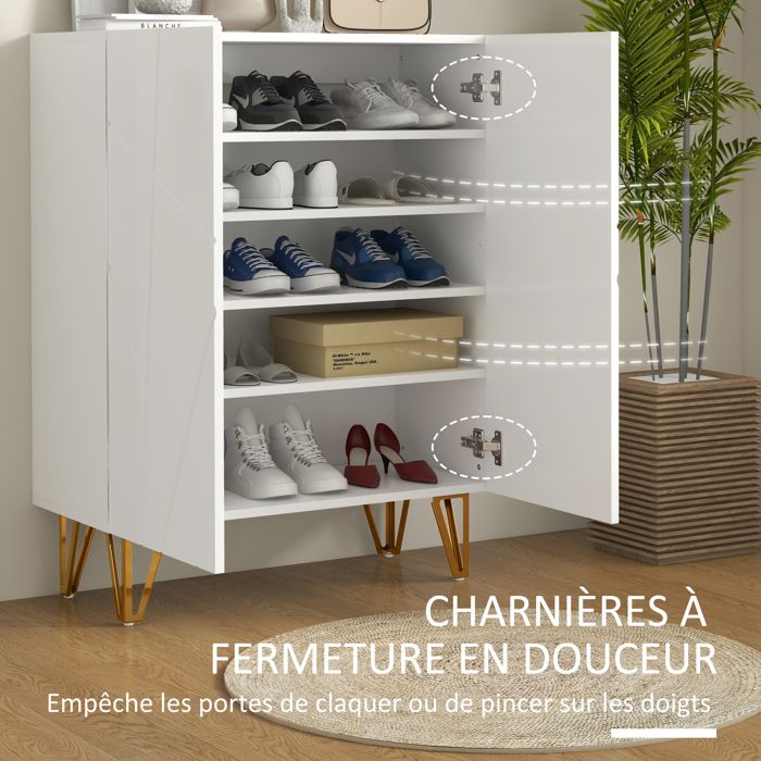 Meuble à Chaussures 2 Portes Blanc Brillant - 5 étagères Réglables, Rangement 20 Paires, 72x34.5x103 Cm