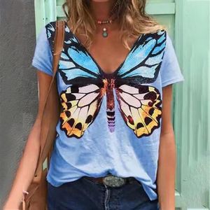 T-SHIRT T-Shirt Femme Col V Été Manches Courtes Papillon Imprimé Bleu - Mode - Tops Lâche