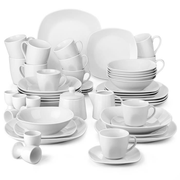 Malacasa 50pcs Service de Table Porcelaine Assiettes Saladier Bol Tasses Sous-tasses Coquetier Pot à Lait Sucrier Vaisselles Plat