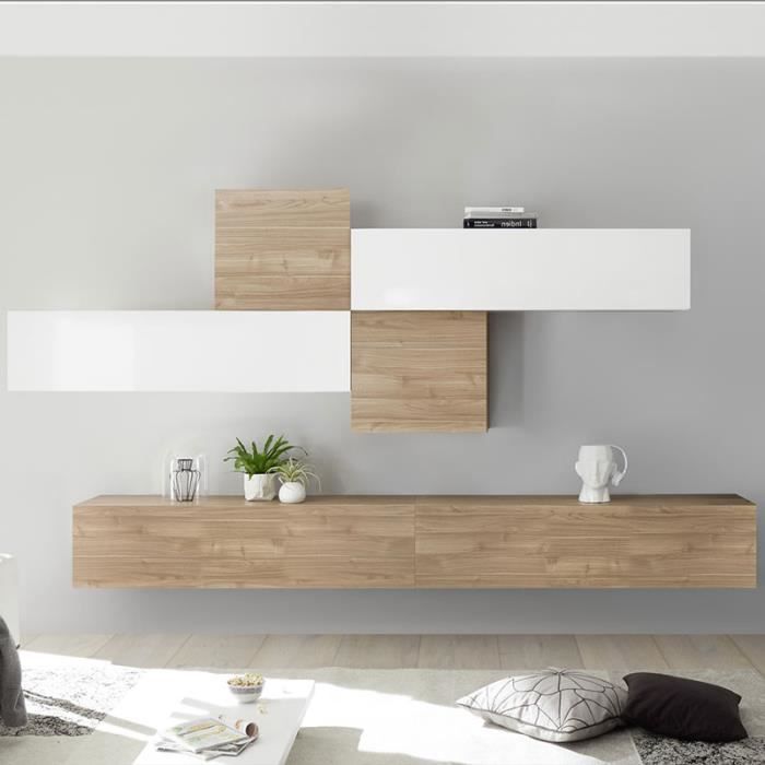 Ensemble meuble TV blanc laqué et couleur chêne PAPIANO Marron L 275 x P 30 x H 200 cm